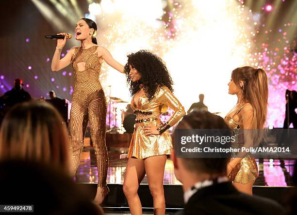 Recording artists Jessie J, Nicki Minaj, and Ariana Grande perform onstage at the 2014 American Music Awards at Nokia Theatre L.A. Live on November...