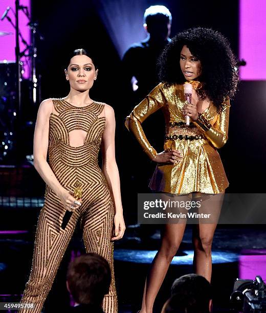 Recording artists Jessie J and Nicki Minaj perform onstage at the 2014 American Music Awards at Nokia Theatre L.A. Live on November 23, 2014 in Los...