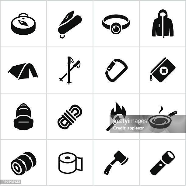 black outdoor gear icons - head torch stock illustrations