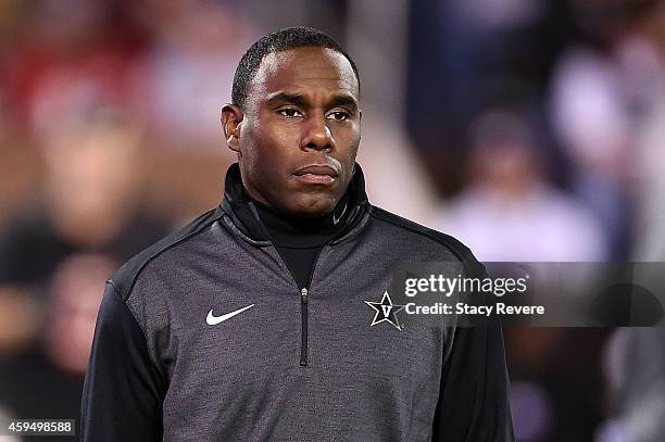 Head coach Derek Mason of the Vanderbilt Commodores watches action prior to a game against the Mississippi State Bulldogs at Davis Wade Stadium on...