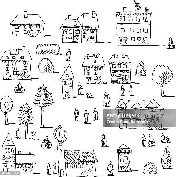 buildings trees people urban life set drawing - person walking dog line art stock illustrations
