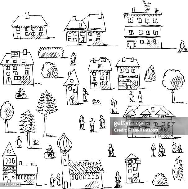 buildings trees people urban life set drawing - life drawing stock illustrations