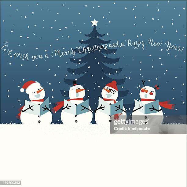 bildbanksillustrationer, clip art samt tecknat material och ikoner med holiday christmas card with singing snowmen - snögubbe