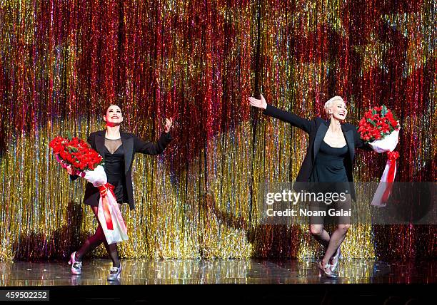 Actors Bianca Marroquin and Amra-Faye Wright perform at the 7,486th performance of 'Chicago', the second longest running Broadway show of all time at...