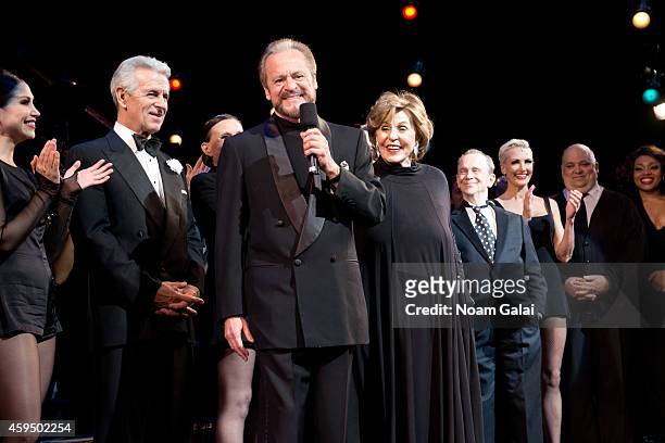 Producers Barry Weissler and Fran Weissler speak on stage at the 7,486th performance of 'Chicago', the second longest running Broadway show of all...