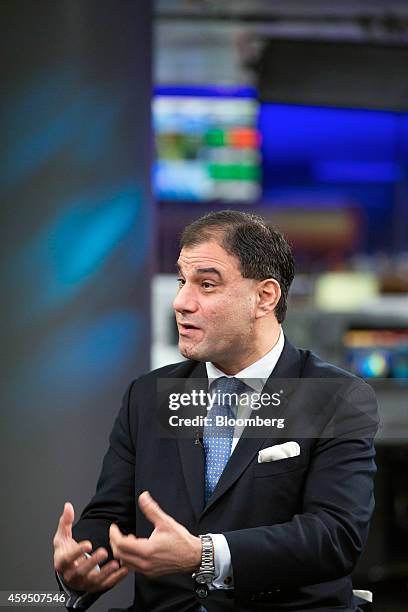 Karan Bilimoria, founder and chairman of Cobra Beer Ltd., gestures as he speaks during a Bloomberg Television interview in London, U.K., on Monday,...