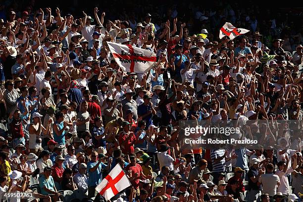 The Barmy Army cheer during day two of the Fourth Ashes Test Match between Australia and England at Melbourne Cricket Ground on December 27, 2013 in...