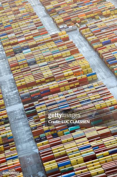 An aerial view shows containers in Antwerp harbour during a strike in the Antwerp province, on November 24, 2014. The different unions called for...