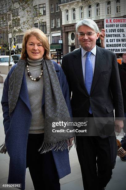 Andrew Mitchell and his wife Dr Sharon Bennett arrive at the High Court on November 24, 2014 in London, England. Former cabinet minister Andrew...