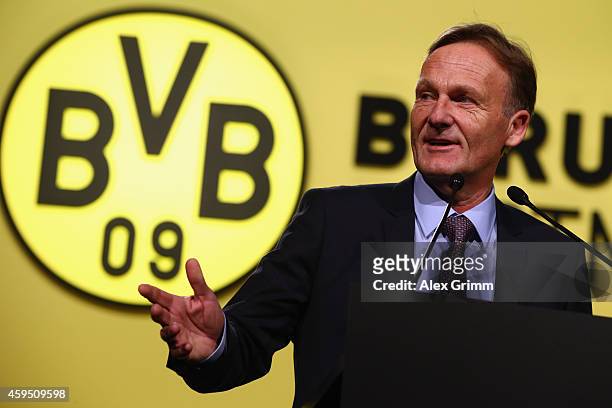 Hans-Joachim Watzke addresses the annual shareholders' meeting of Borussia Dortmund GmbH & Co KGaA at Westfalenhalle on November 24, 2014 in...