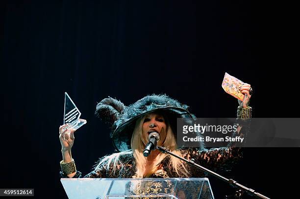 Publisher Sally Steele speaks to attendess during The 5th annual Vegas Rocks! Magazine Music Awards at The Pearl Concert Theater at the Palms Casino...