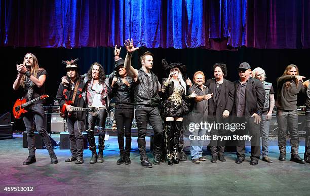 Dario Lorina, Robert Sarzo, Stephen Pearcy, Marq Torien, guest, Sally Steele, Michael Anthony, Steve Lukather, David Paich and John 5 perform during...