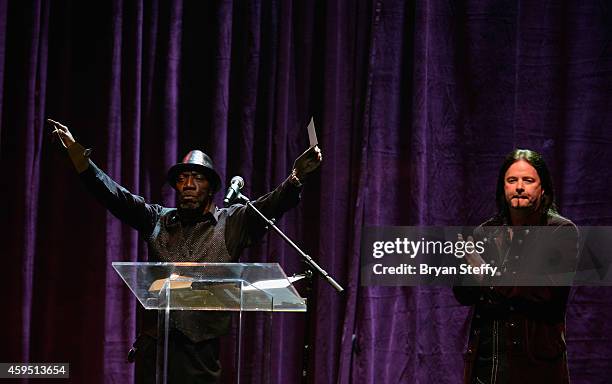 Singer Otis Day and bassist John Payne speak during The 5th annual Vegas Rocks! Magazine Music Awards at The Pearl Concert Theater at the Palms...