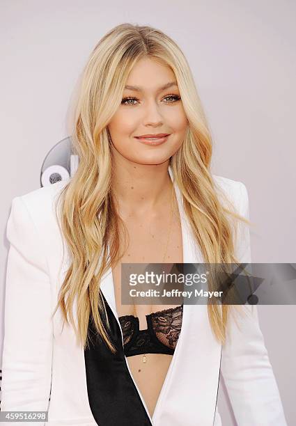 Model Gigi Hadid arrives at the 2014 American Music Awards at Nokia Theatre L.A. Live on November 23, 2014 in Los Angeles, California.