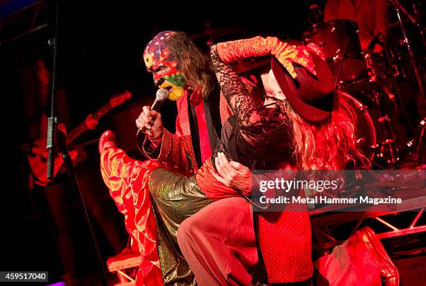 Frontman Arthur Brown and dancer Angel Flame of psychedelic rock group The Crazy World Of Arthur Brown performing live on stage at the 2013 Hard Rock...