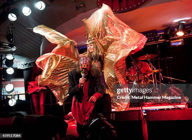 Frontman Arthur Brown and dancer Angel Flame of psychedelic rock group The Crazy World Of Arthur Brown performing live on stage at the 2013 Hard Rock...