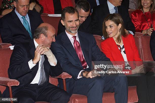 Spanish minister of the Economy and Finance Luis de Guindos, King Felipe VI of Spain and Queen Letizia of Spain attend the CSIC 75th anniversary...