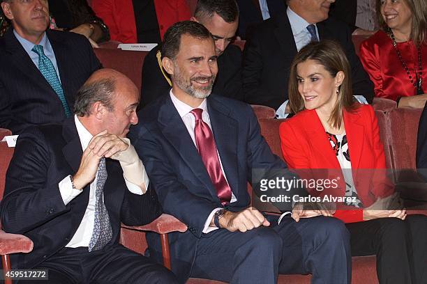 Spanish minister of the Economy and Finance Luis de Guindos, King Felipe VI of Spain and Queen Letizia of Spain attend the CSIC 75th anniversary...