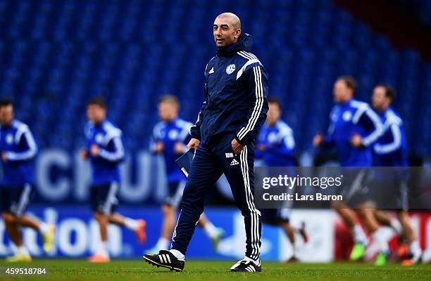 Head coach Roberto di Matteo is seen during a FC Schalke 04 training session prior to their UEFA Champions League match against Chelsea FC at Veltins...