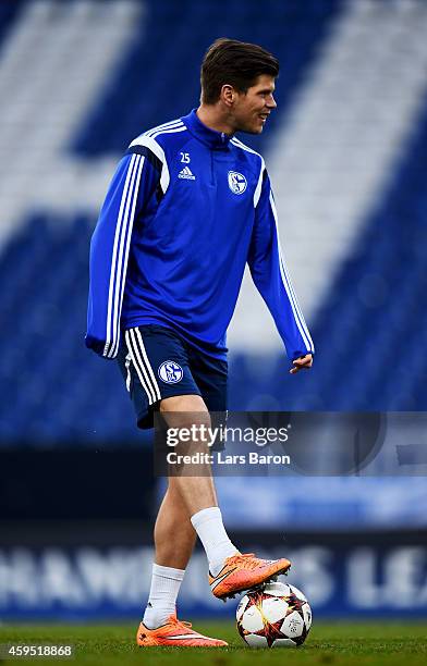 Klaas Jan Huntelaar is seen during a FC Schalke 04 training session prior to their UEFA Champions League match against Chelsea FC at Veltins Arena on...