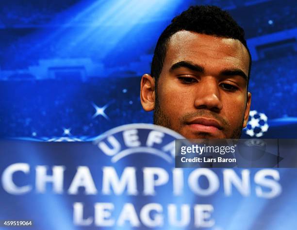 Erik Maxim Choupo Moting looks on during a FC Schalke 04 press conference prior to their UEFA Champions League match against Chelsea FC at Veltins...