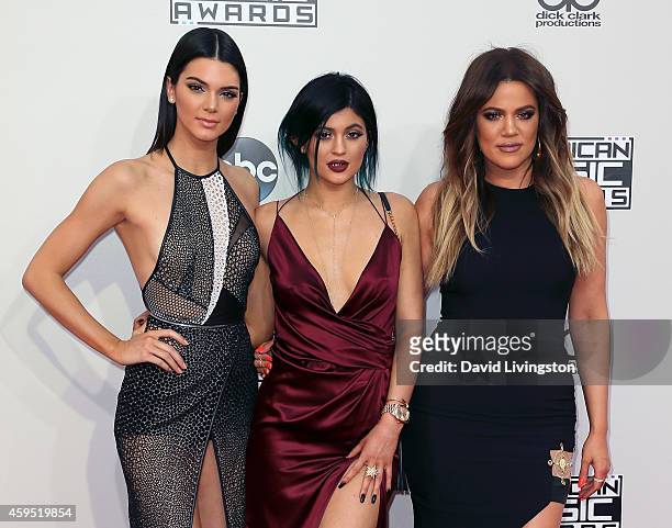 Personalities Kendall Jenner, Kylie Jenner and Khloe Kardashian attend the 42nd Annual American Music Awards at the Nokia Theatre L.A. Live on...
