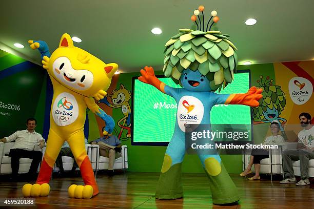 The mascots for the Rio Olympic and Paralympic Games are unveiled to the media during a press conference at Ginásio Experimental Olímpico Juan...