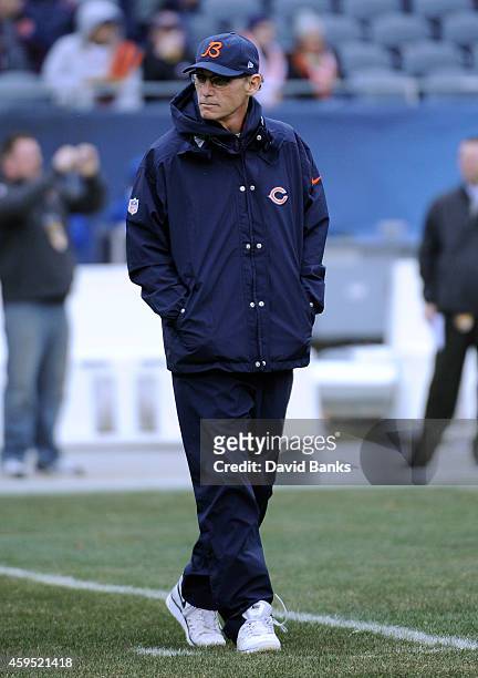 Head coach Marc Trestman of the Chicago Bears prior to the NFL game against the Tampa Bay Buccaneers on November 23, 2014 at Soldier Field in...