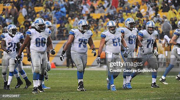 Members of the offensive line of the Detroit Lions, including center Dominic Raiola, guards Larry Warford and Rob Sims and tackles LaAdrian Waddle...