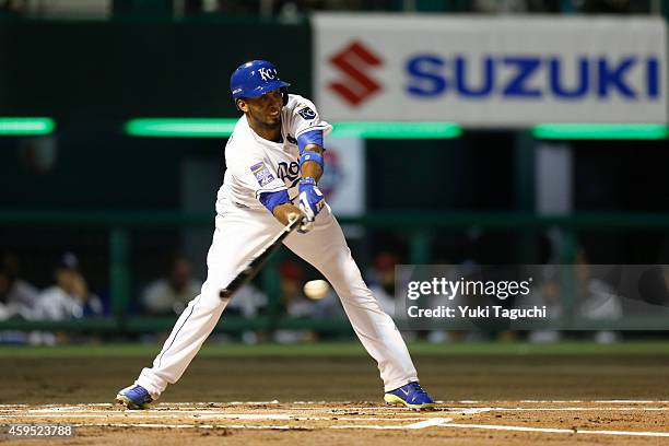 Alcides Escobar of the Kansas City Royals bats during the game against Samurai Japan at Okinawa Cellular Stadium during the Japan All-Star Series on...