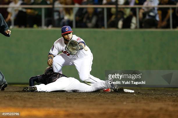 Carlos Santana of the Cleveland Indians waits for the pick-off throw against Samurai Japan during the game at Okinawa Cellular Stadium during the...