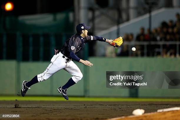Ryosuke Kikuchi of Samurai Japan flips the ball to first base with his glove agains the MLB All-Stars during the game at Okinawa Cellular Stadium...