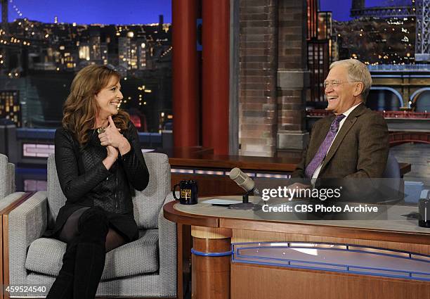 Actress Allison Janney from the CBS comedy series "Mom" talks to Dave about her multiple Emmy wins, on the Late Show with David Letterman, Monday...