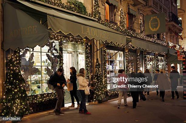 General view of the Christmas lights at the shop Laduree, rue Royale on November 24, 2014 in Paris, France.