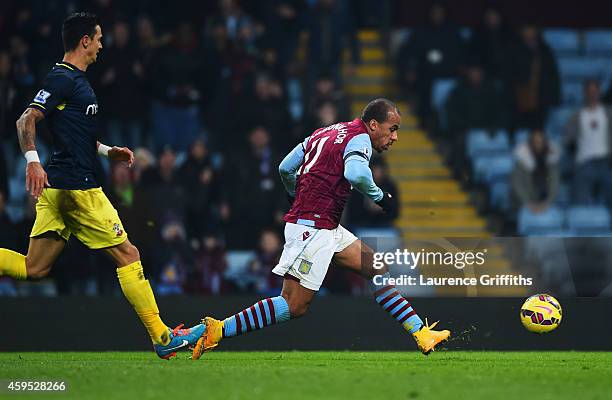 Gabriel Agbonlahor of Aston Villa scores their first goal during the Barclays Premier League match between Aston Villa and Southampton at Villa Park...