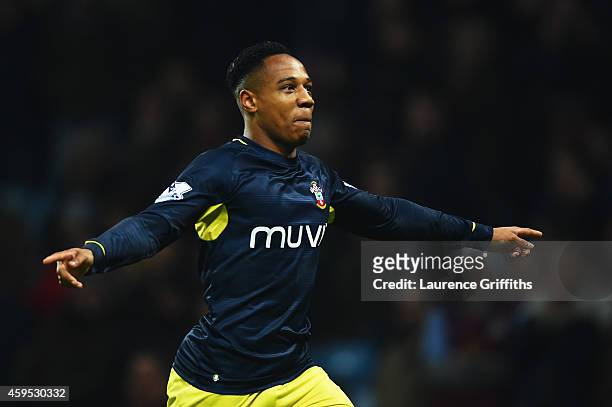 Nathaniel Clyne of Southampton celebrates as he scores their first and equalising goal during the Barclays Premier League match between Aston Villa...