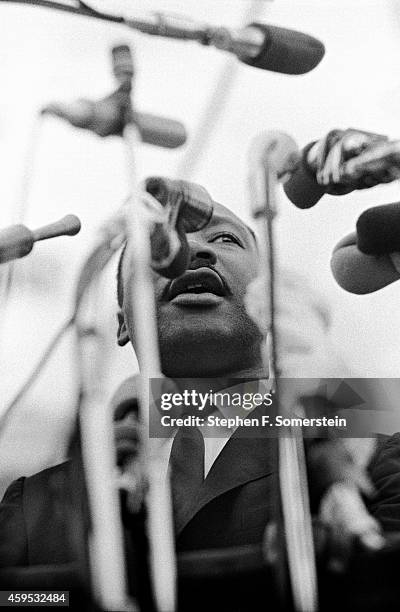 Dr. Martin Luther King, Jr. Speaking before a crowd of 25,000 civil rights marchers, in front of the Alabama state capital building in Montgomery...