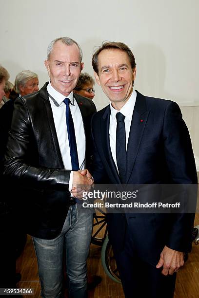 Fashion designer Jean-Claude Jitrois and Artist Jeff Koons attend the 'Jeff Koons' Retrospective Exhibition : Opening Evening at Beaubourg on...