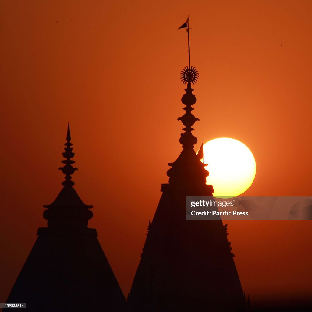 The golden sunset on Monday evening in Vrindavan, India.
