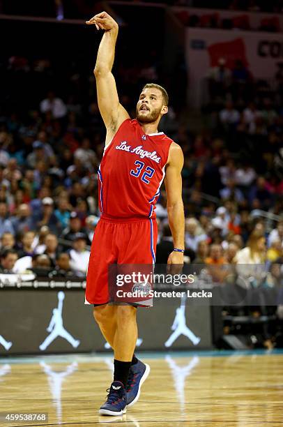 Blake Griffin of the Los Angeles Clippers reacts after a shot against the Charlotte Hornets during their game at Time Warner Cable Arena on November...