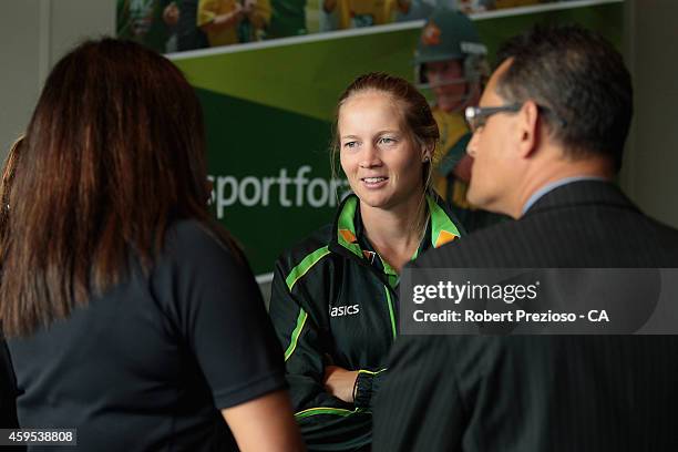 Meg Lanning speaks with guests during the Cricket Australia via Getty Images Diversity and Inclusion Strategy Launch at Melbourne Cricket Ground on...