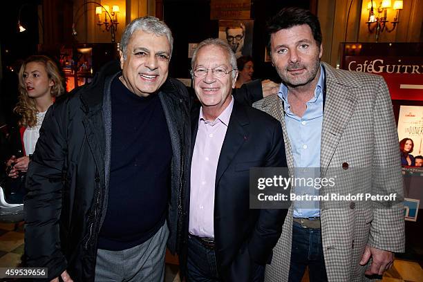Singer Enrico Macias, Stage director Bernard Murat and actor Philippe Lellouche attend the 'Ma Vie Revee' : Michel Boujenah One Man Show at Theatre...