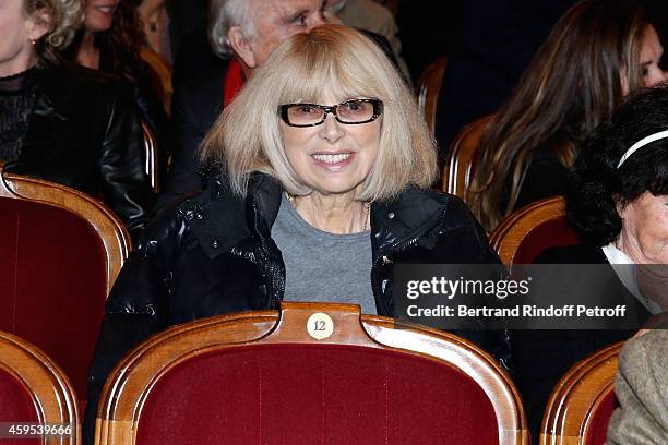 Actress Mireille Darc attends the 'Ma Vie Revee' : Michel Boujenah One Man Show at Theatre Edouard VII on November 24, 2014 in Paris, France.