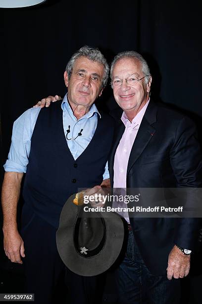 Michel Boujenah and stage director Bernard Murat pose after the 'Ma Vie Revee' : Michel Boujenah One Man Show at Theatre Edouard VII on November 24,...