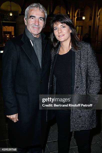 Raymond Domenech and Estelle Denis attend the 'Ma Vie Revee' : Michel Boujenah One Man Show at Theatre Edouard VII on November 24, 2014 in Paris,...