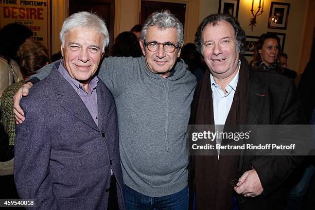 Humorists Guy Bedos, Michel Boujenah and actor Daniel Russo pose after the 'Ma Vie Revee' : Michel Boujenah One Man Show at Theatre Edouard VII on...