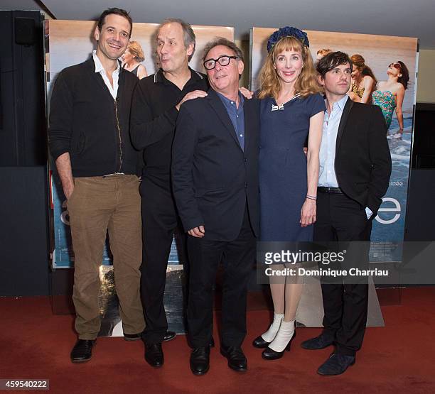 Actor Benjamin Wangermee, Hippolyte Girardot, Jean-Jacques Zilbermann, Julie Depardieu and Mathias Mlekuz attend the 'A La Vie' Paris Premiere at UGC...