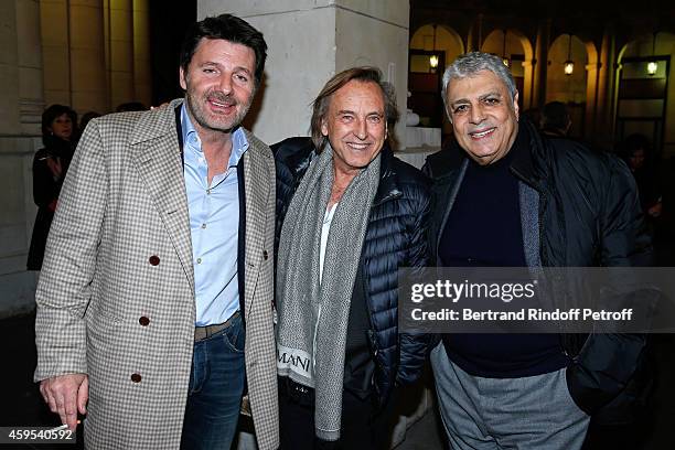 Actor Philippe Lellouche, director Alexandre Arcady and singer Enrico Macias attend the 'Ma Vie Revee' : Michel Boujenah One Man Show at Theatre...