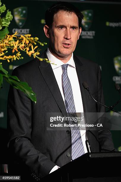 Cricket Australia via Getty Images CEO James Sutherland speaks to guests during the Cricket Australia via Getty Images Diversity and Inclusion...