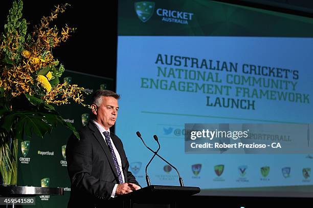 Cricket Australia via Getty Images Executive general manager game and market development Andrew Ingleton speaks to guests during the Cricket...